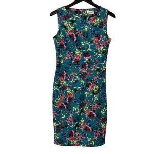 Calvin Klein Melodie Scuba Knit Dress Size Women's 6 Teal Green Floral Stretch